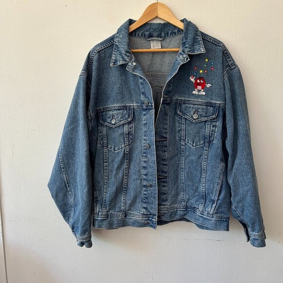 M&Ms Jean Jacket Womens Large Pockets Embroidered Denim VINTAGE 90s - Picture 1 of 6